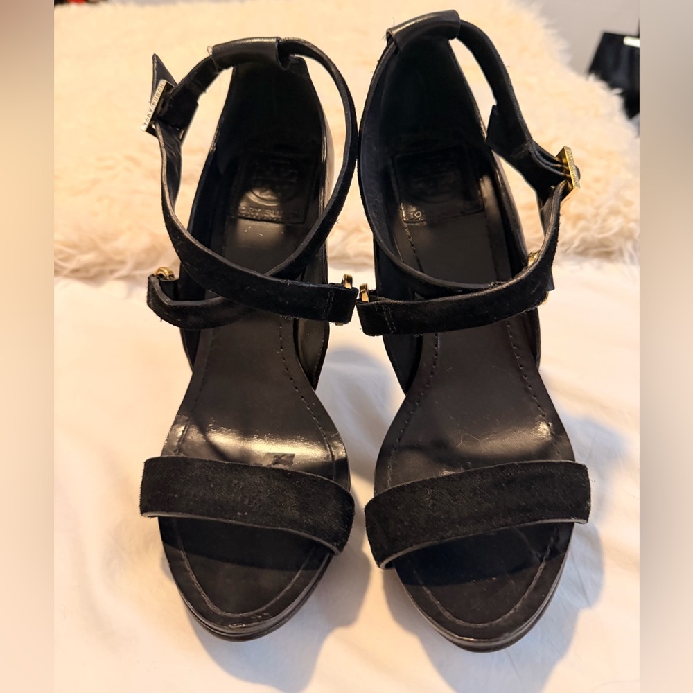 Tory Burch Emmanuel Black Heels with Gold Accents